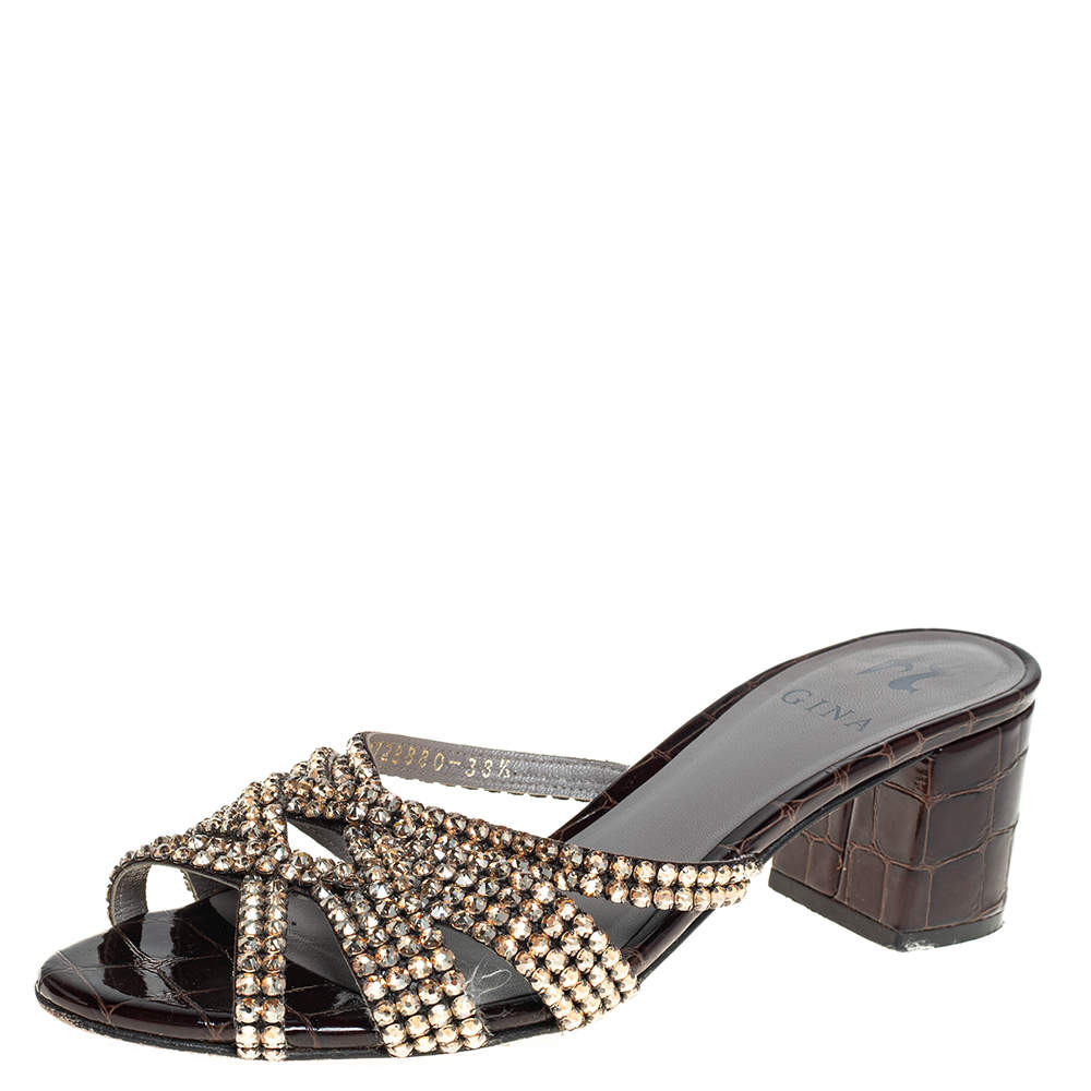 Gina Dark Brown Croc Embossed Patent Leather Crystal Embellished Dexie Sandals Size 38.5