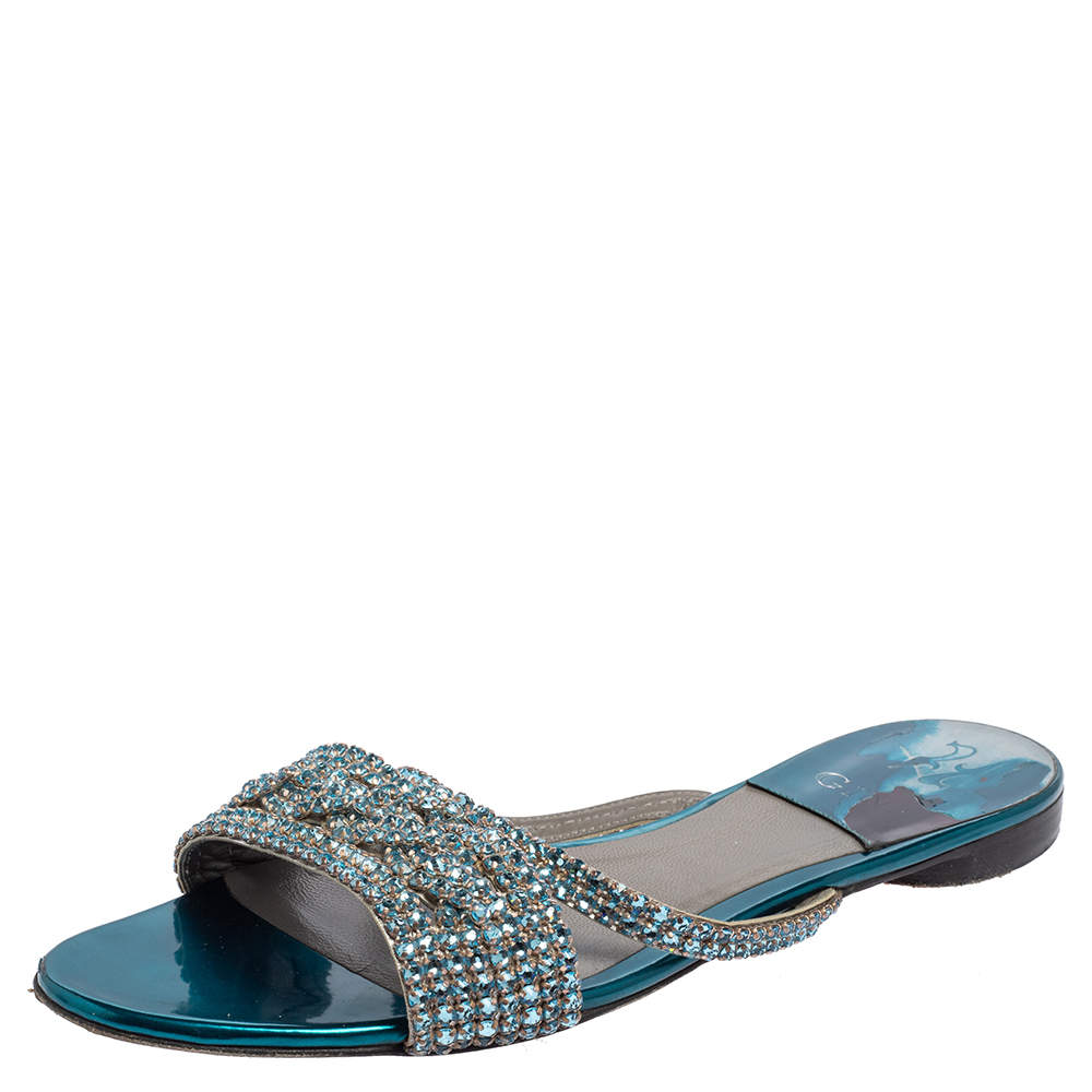 Gina Blue Leather  Embellished Sandals Size 40.5