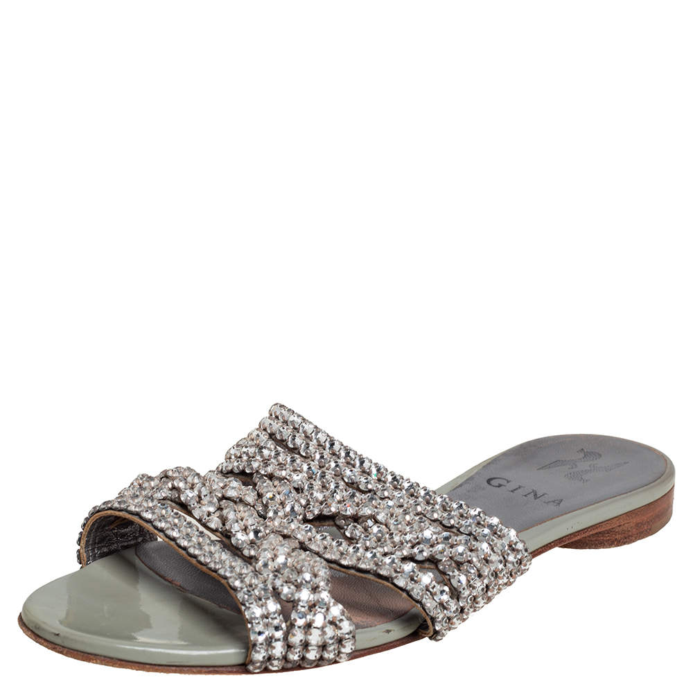 Gina Grey Leather Embellished Slide  Sandals Size 36