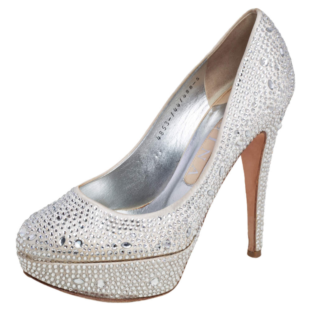 Gina Silver Satin Crystal Embellished Platform Pumps Size 38