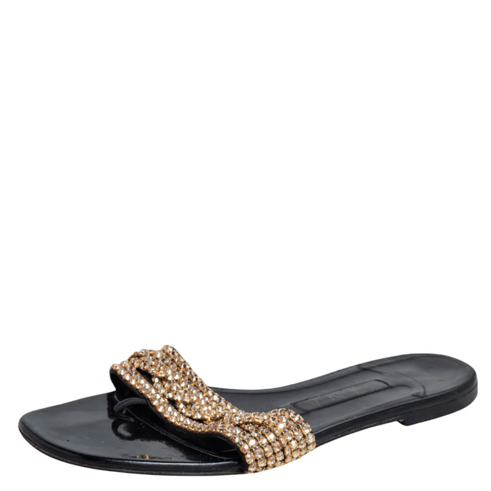 مملوكة مسبقًا Gina Black Leather Crystal Embellished Thong Flat Slides Size 38.5