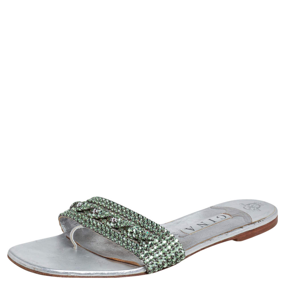 Gina Silver Leather Crystal Embellished Athena Slides Size 41