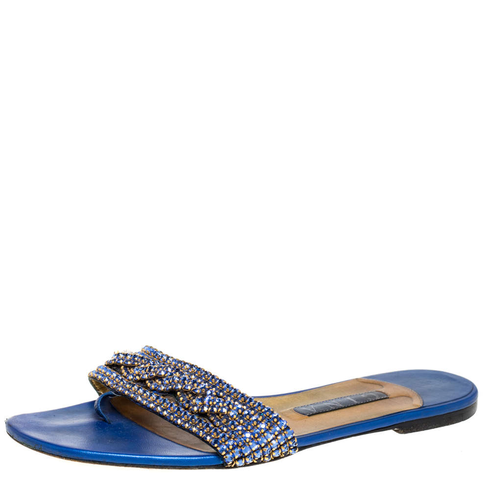 Gina Blue Leather Embellished Thong Flat Sandals Size 39.5