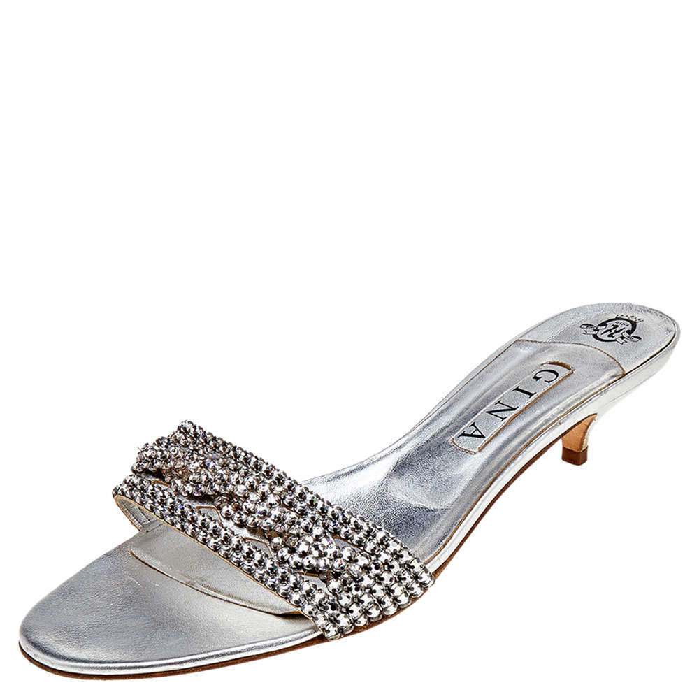 Gina Silver Leather Crystal Embellished Kitten Heel Slide Sandals Size 41