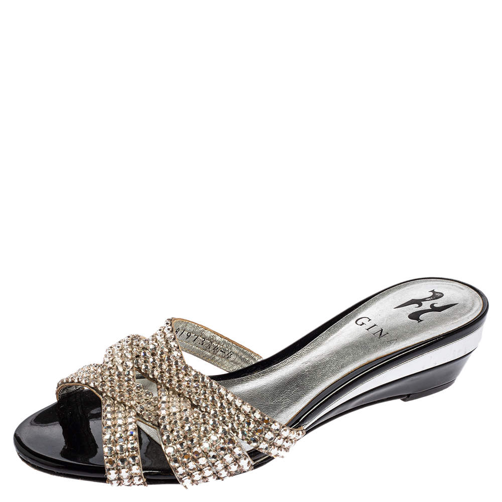 Pre Owned Gina Silver Leather Crystal Embellished Slide Sandals Size 37