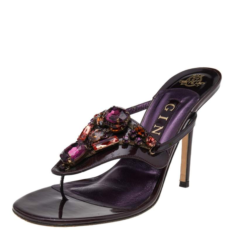 مملوكة مسبقًا Gina Burgundy Patent Leather Crystal Embellished Thong Sandals Size 38.5