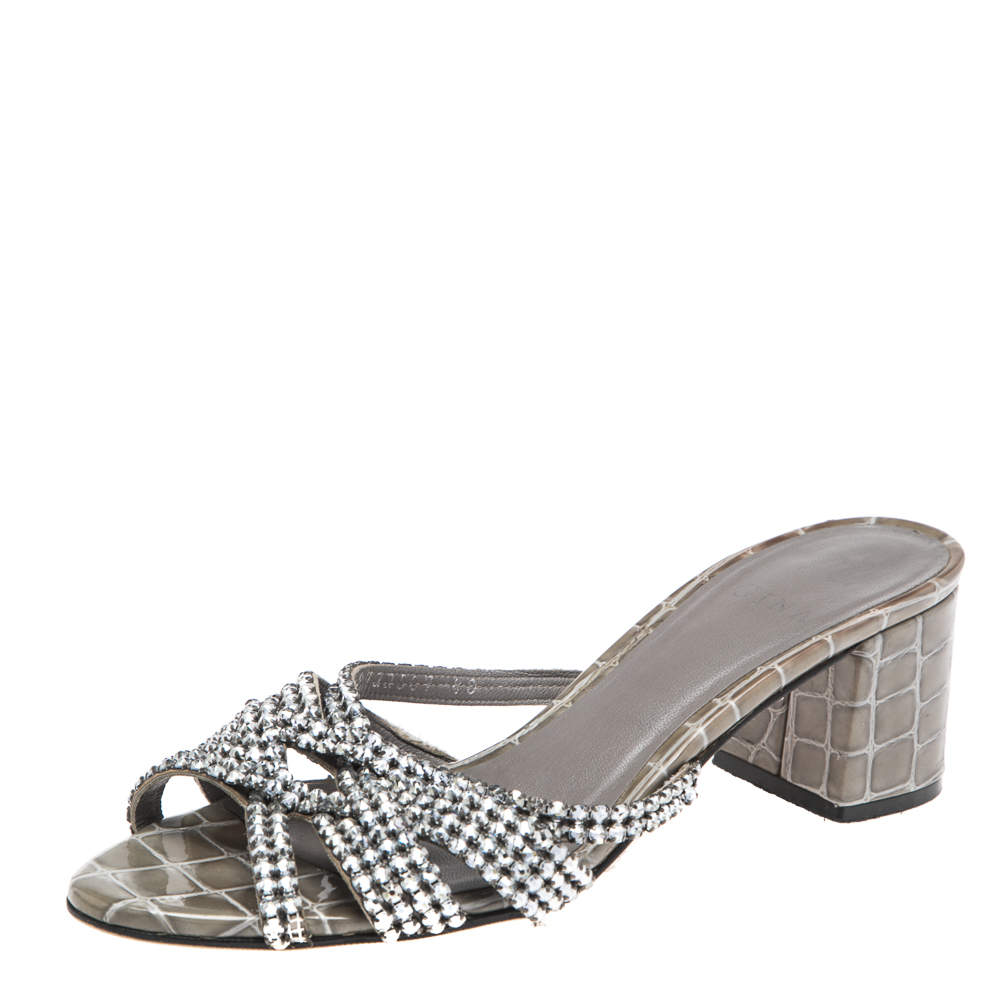 Pre Owned Gina Green Croc Embossed Leather Crystal Embellished Loren Sandals Size 40