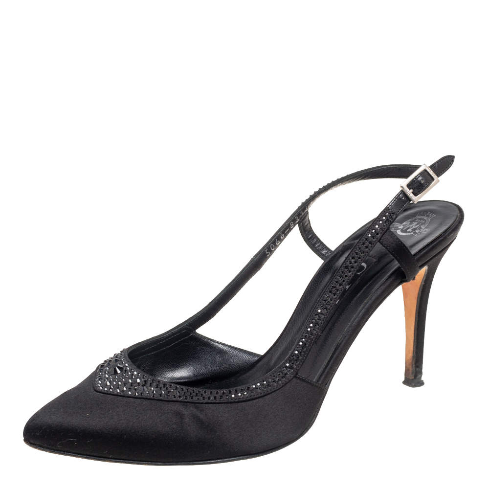 Pre Owned Gina Black Satin Pointed Toe Slingback Pumps Size 38.5