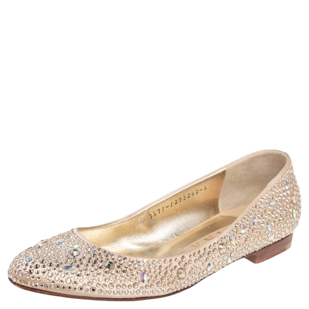 Gina Beige Crystal Embellished Satin Ballet Flats Size 38