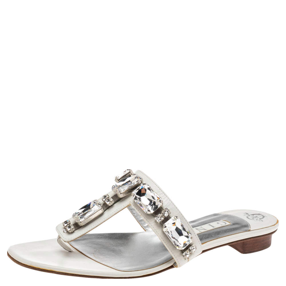 Gina White Leather Crystal Embellished Thong Flat Slides Size 40.5