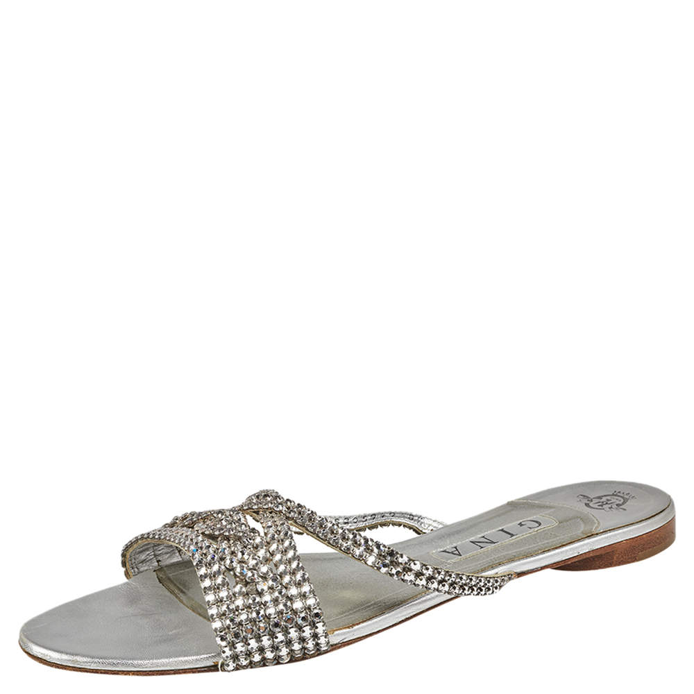 Pre Owned Gina Silver Crystal Embellished Leather Flat Slides Size  41.5