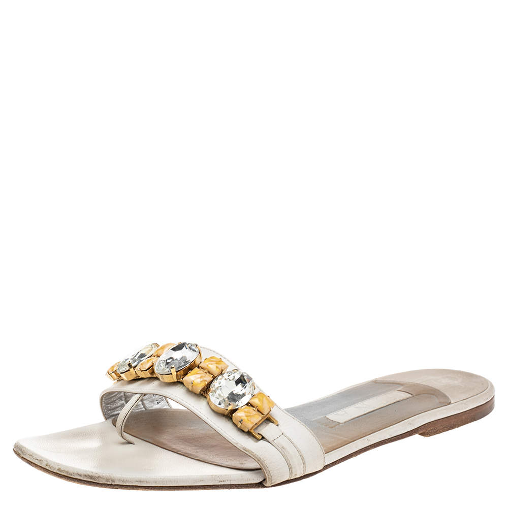 Pre Owned Gina White Leather And Crystal Embellished Flat Slides Size 41.5