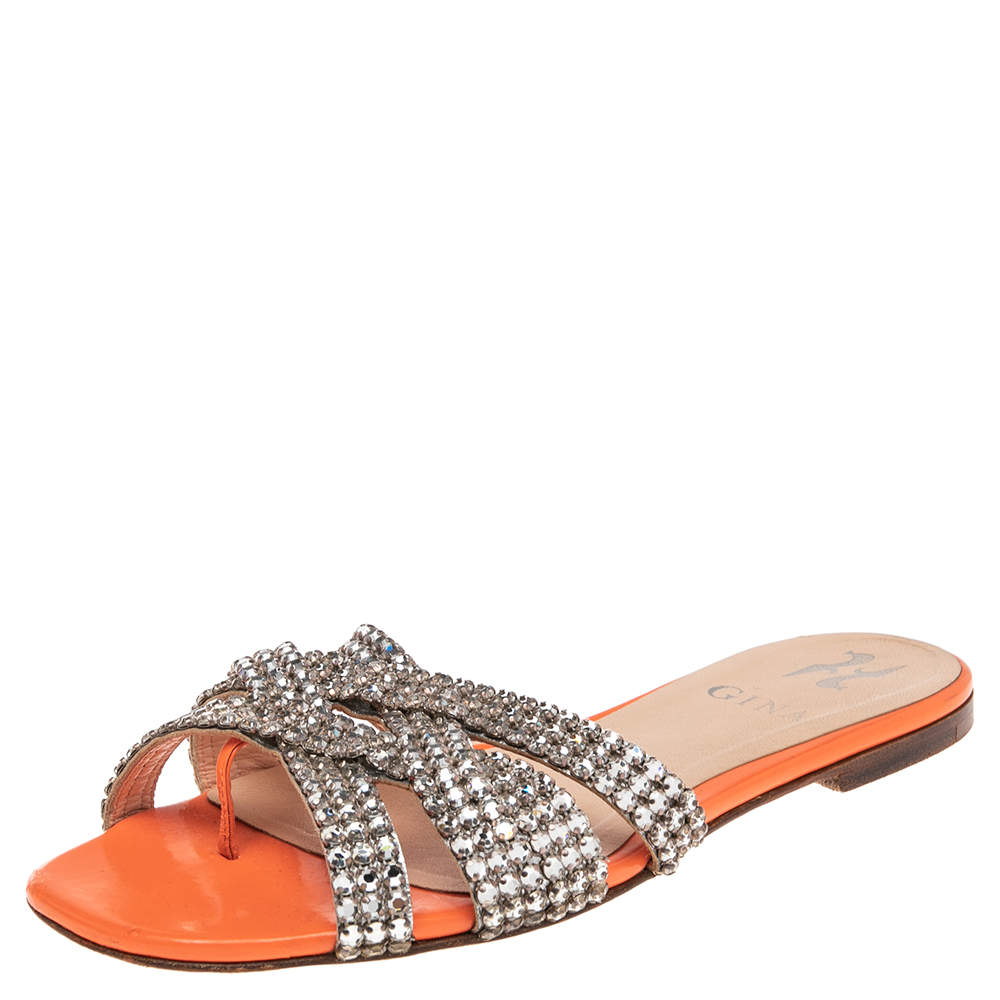Pre Owned Gina Orange Patent Leather Crystal Embellished Slide Flats Size 37