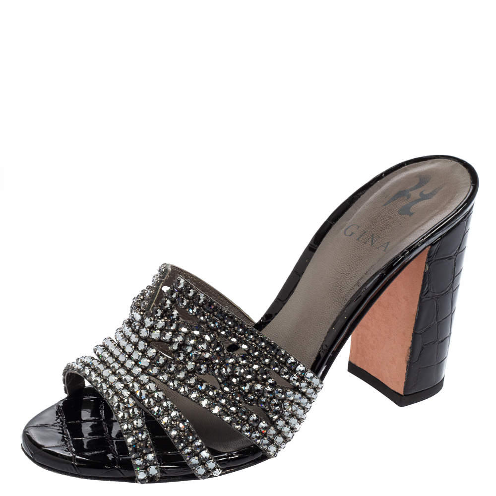 Pre Owned Gina Black Croc Embossed Patent Leather Crystal Embellished Slides Size 36.5