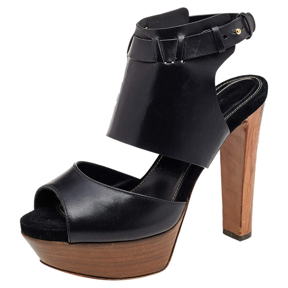 Gina Black Leather Open Toe Platform Pumps Size 37.5