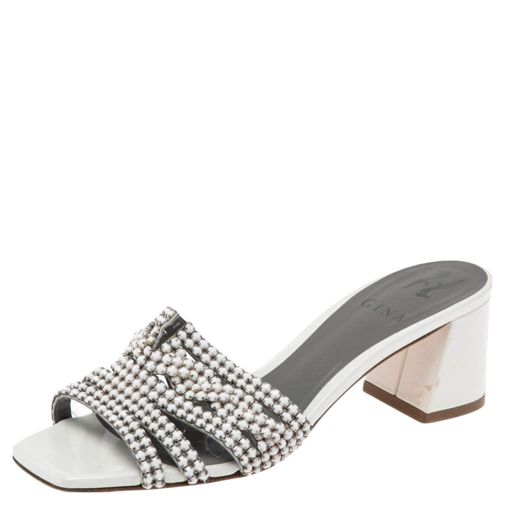 مملوكة مسبقًا صندل سلايد جينا أريزونا جلد مزخرف كريستال أبيض مقاس 37