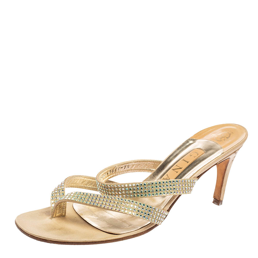 Gina Gold Crystal Embellished Leather Slide Sandals Size 40.5