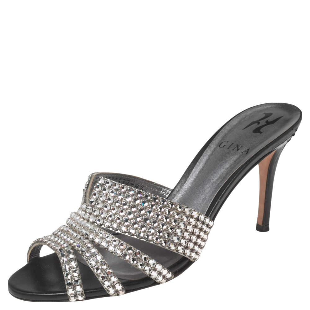 Pre Owned صندل سلايد جينا جلد فضي مزخرف كريستال مقاس 37.5