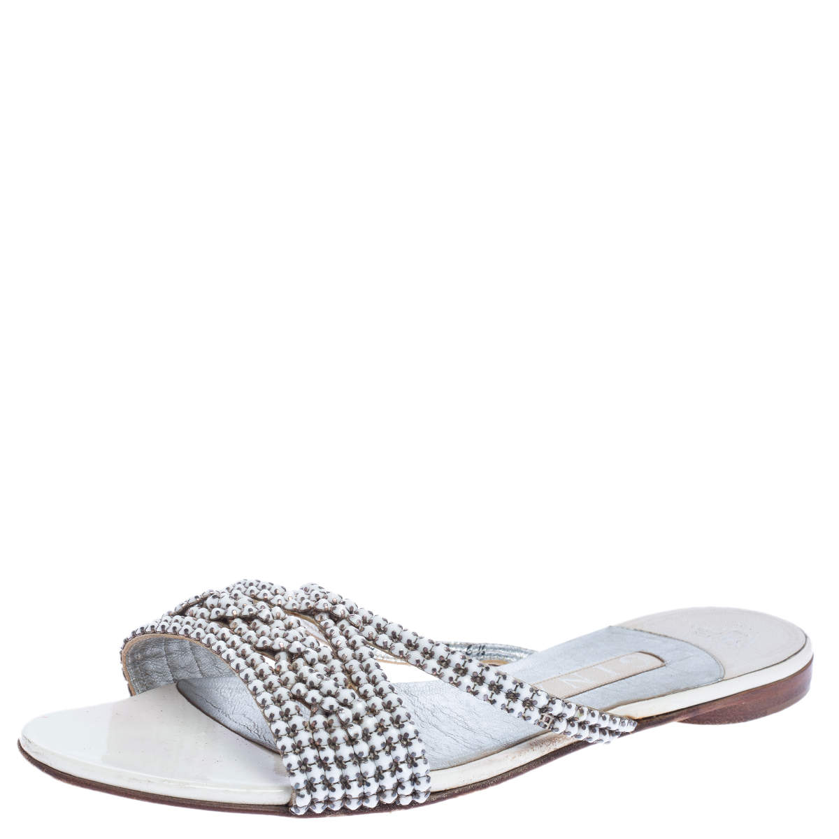 Pre Owned Gina White Leather Crystal Embellished Flat Slides Size 39.5