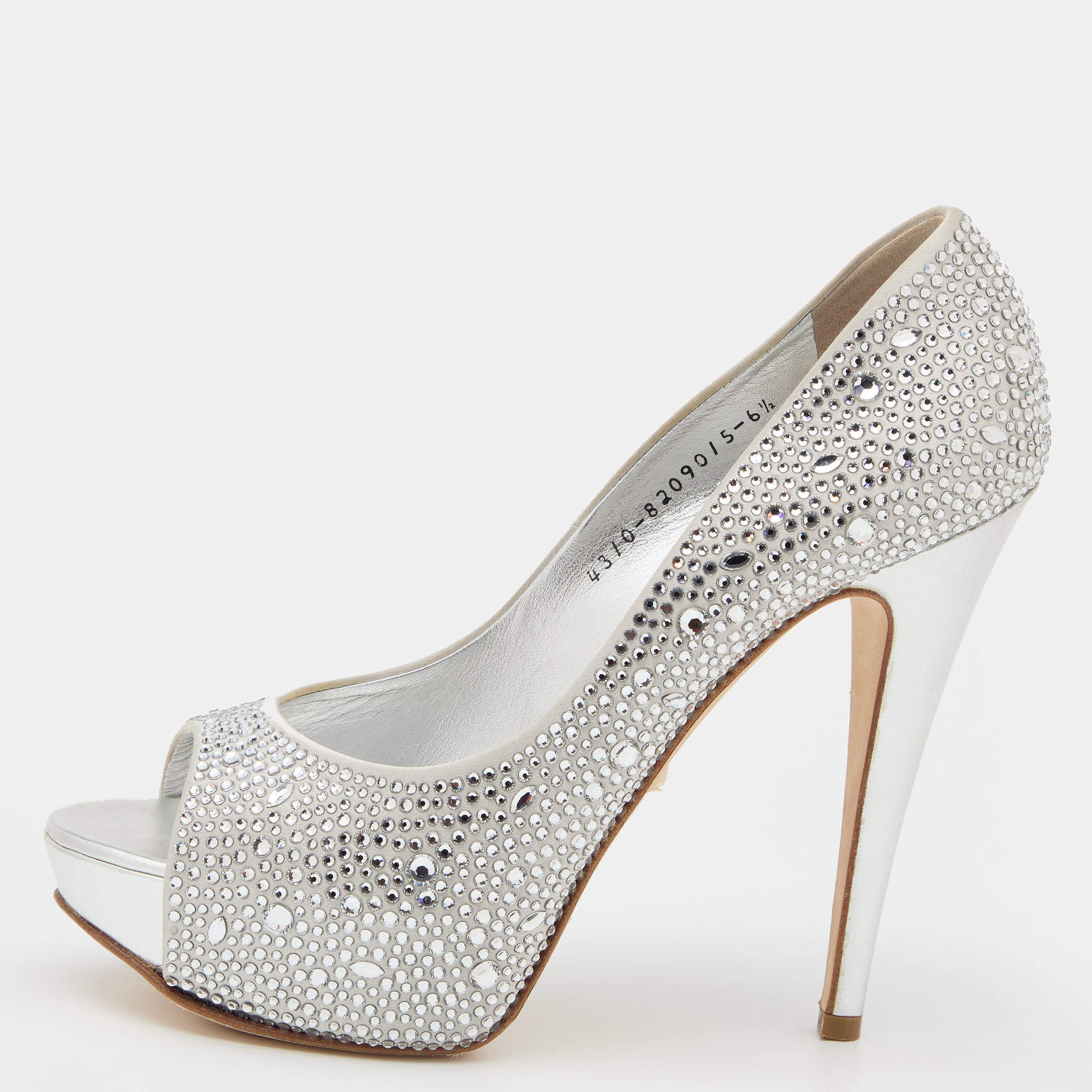 Pre Owned Gina Silver Satin Crystal Embellished Peep Toe Platform Pumps Size 39.5