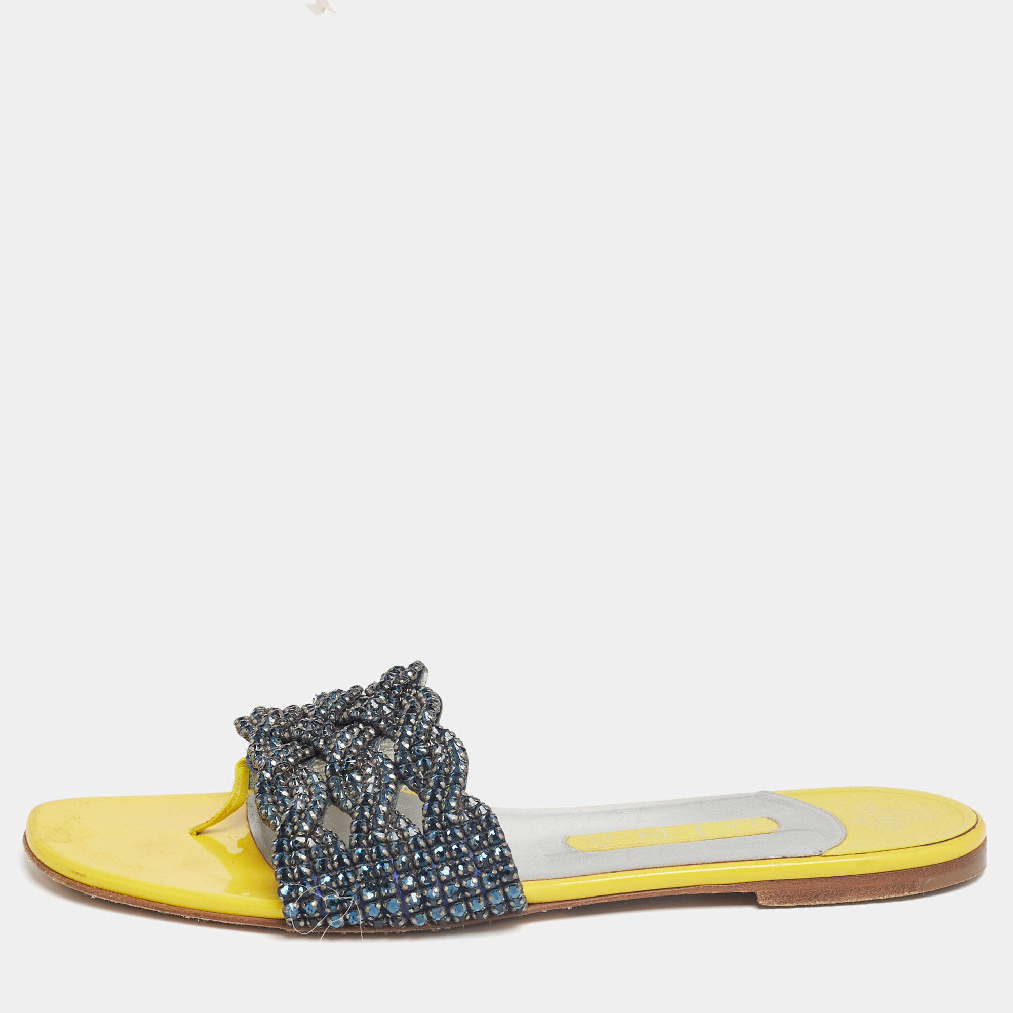 مملوكة مسبقًا Gina Yellow Patent  Crystal Embellished  Flat Sandals  Size 39.5