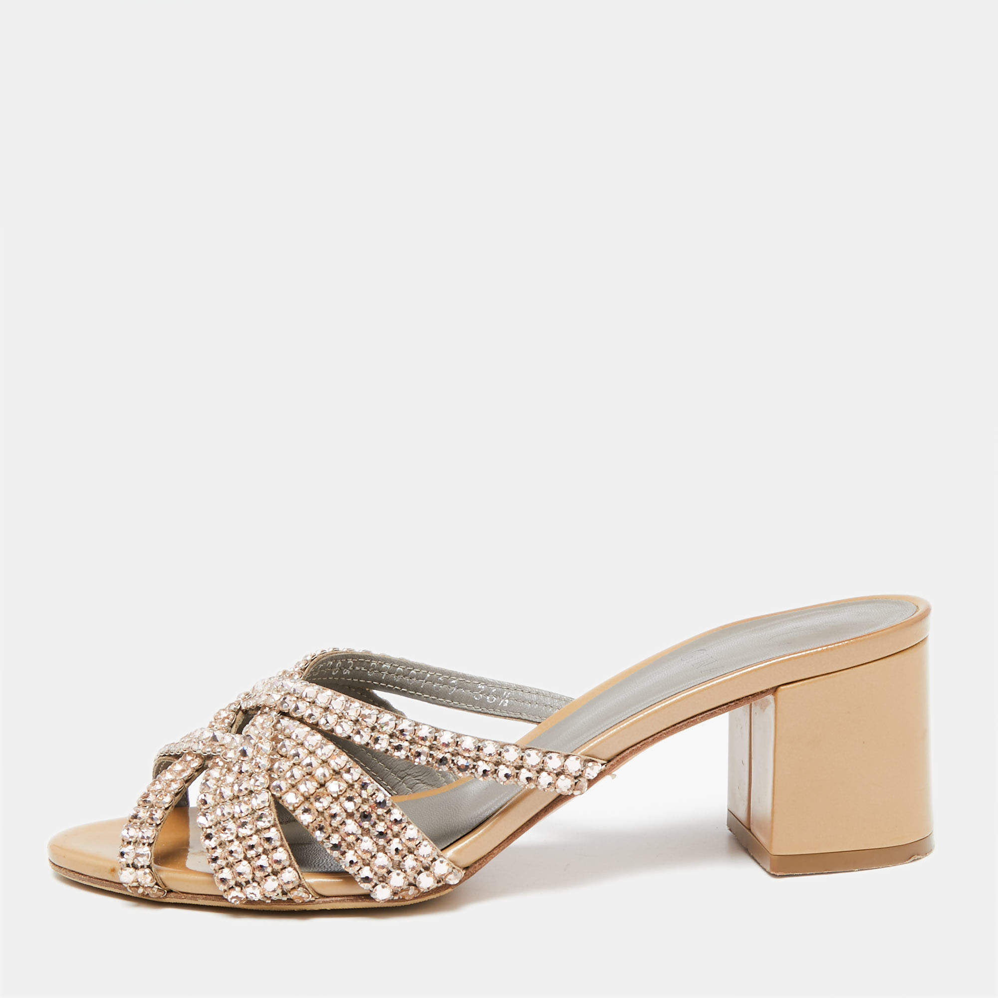 مملوكة مسبقًا Gina Beige Crystals Embellished Leather Slide Sandals Size 36.5