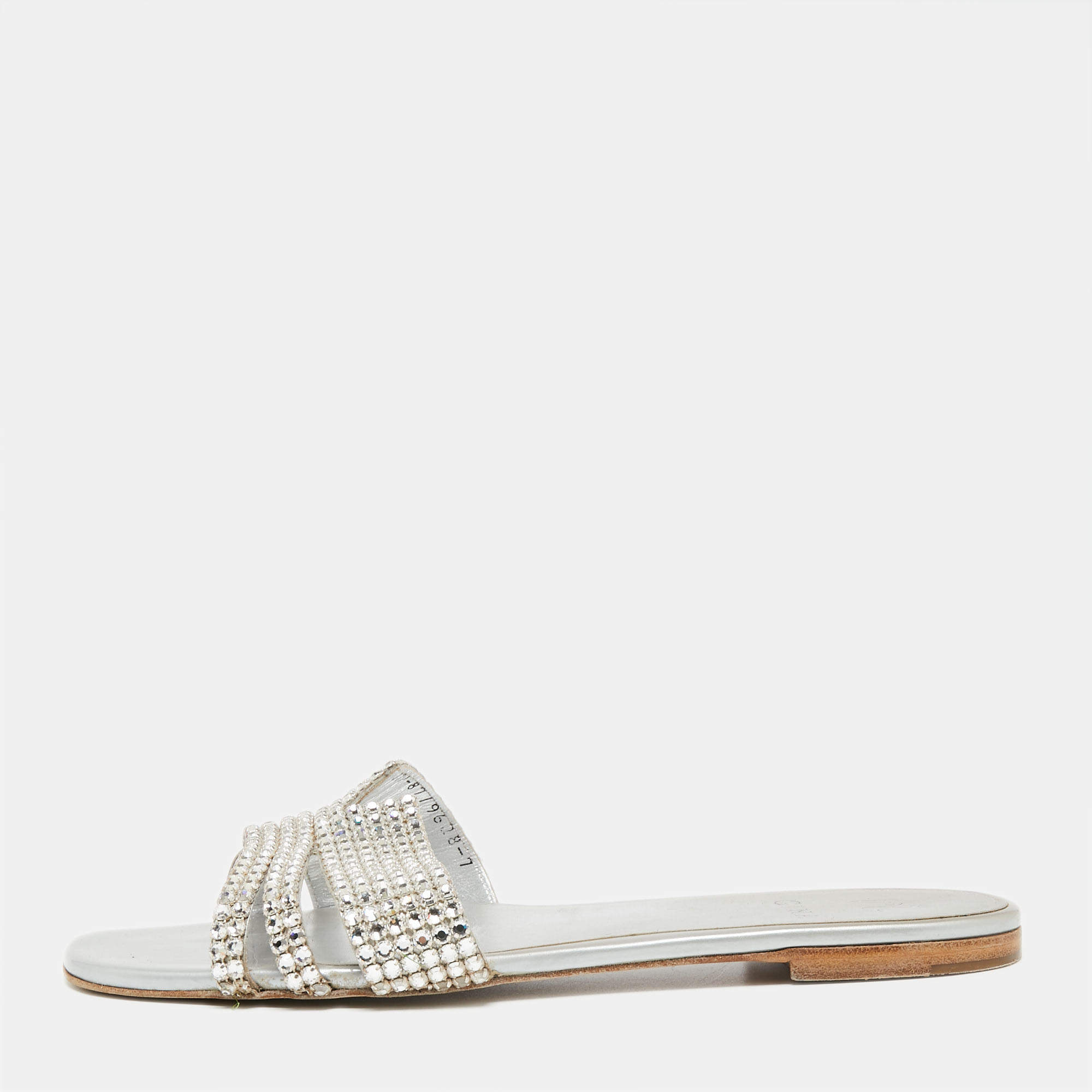 Pre Owned Gina Silver Crystal Embellished Leather Flat Slides Size 40