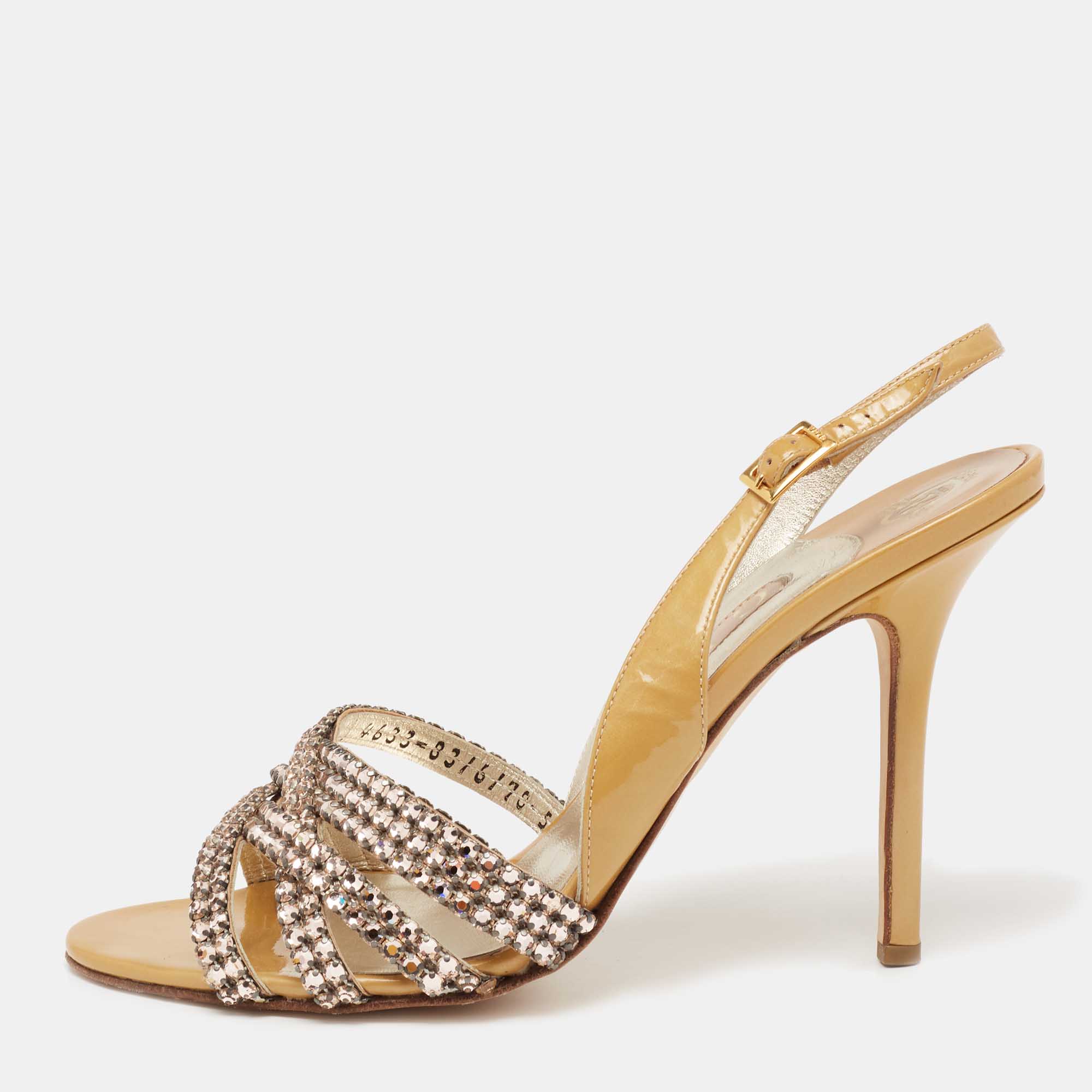 Pre Owned صندل جينا جلد لامع ذهبي مرصع كريستال  فتحة كعب مقاس 38