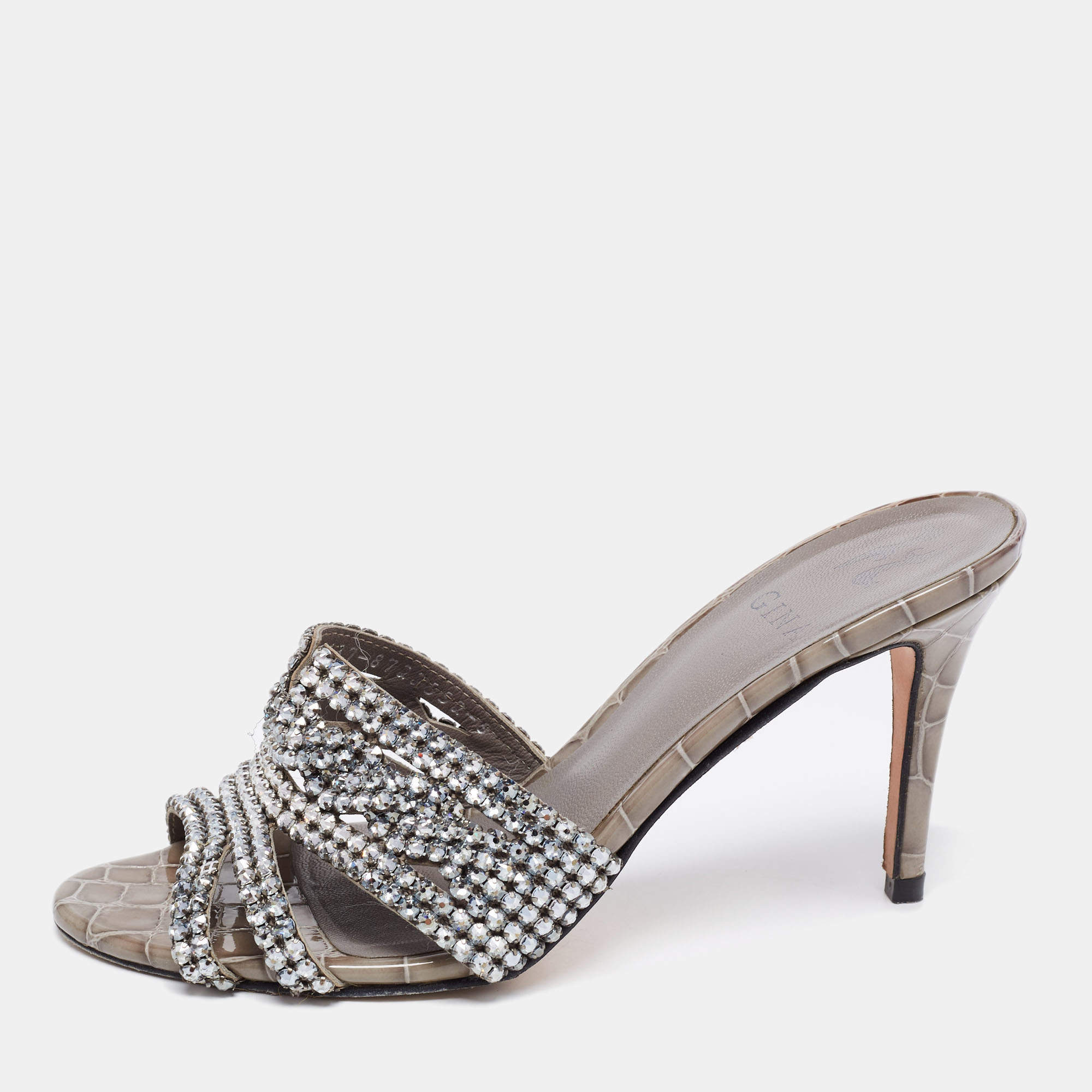 مملوكة مسبقًا Gina Grey Croc Embossed Leather Crystal Embellished Slide Sandals Size 38