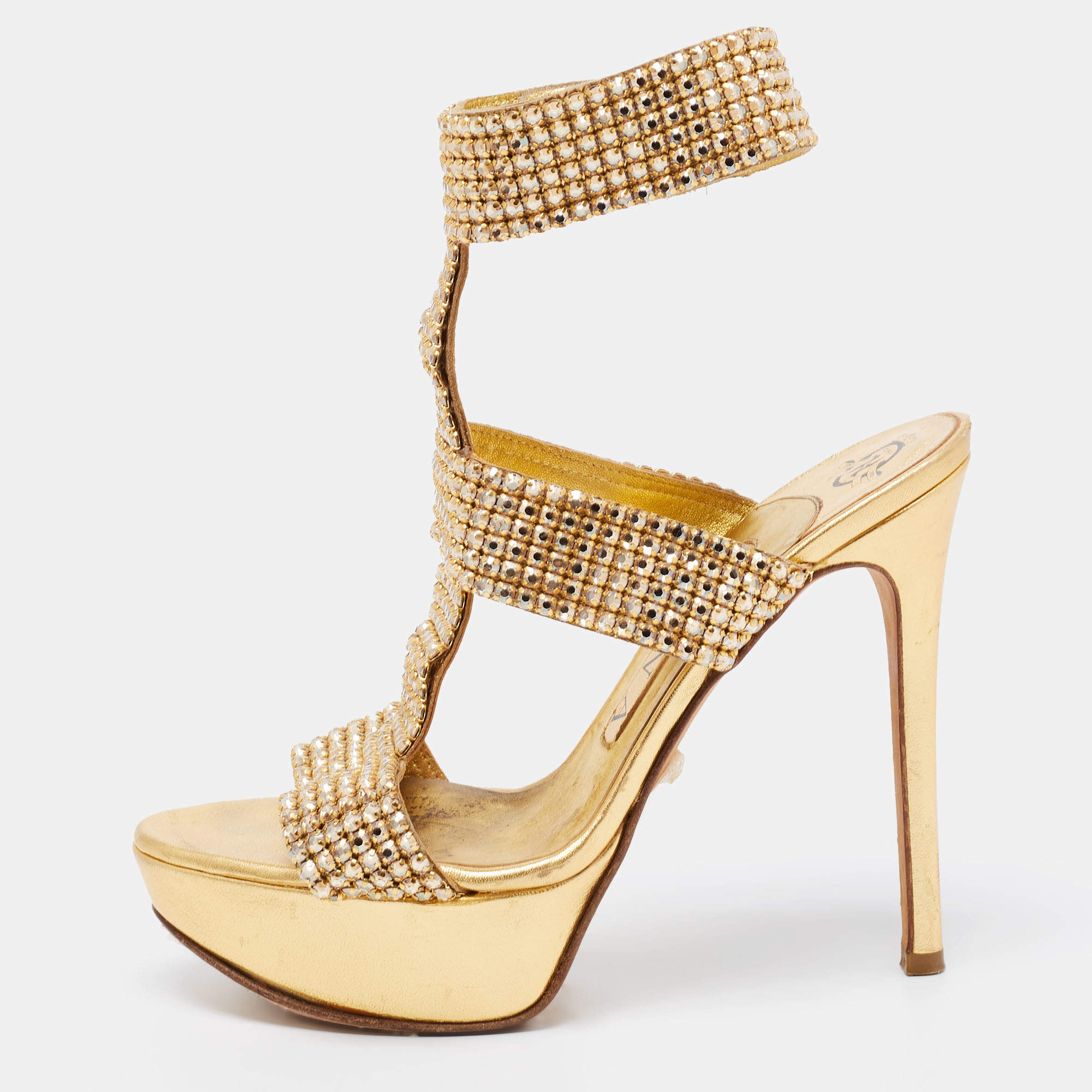 Pre Owned Gina Gold Leather Crystal Embellished Ankle Cuff Sandals Size 37