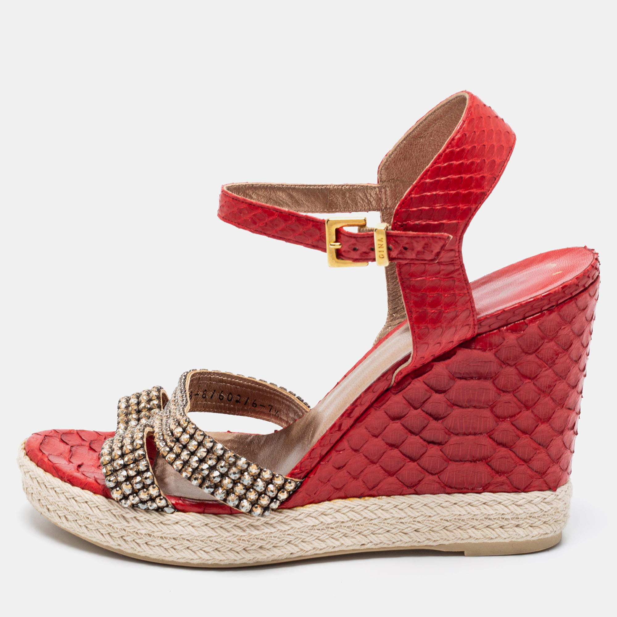 Gina Red Python Leather Crystal Embellished Wedge Platform Ankle-Strap Sandals Size 40.5