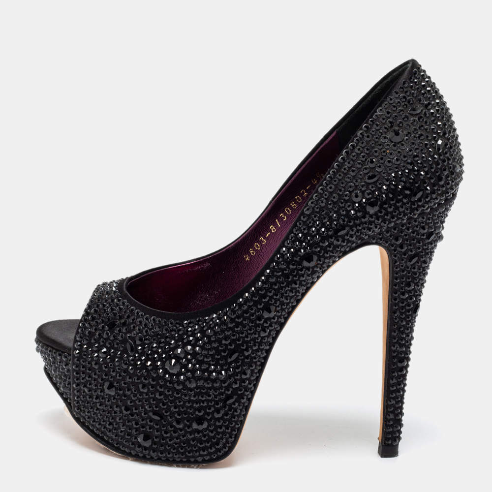 Pre Owned Gina Black Satin Crystal Embellished Peep Toe Platform Pumps Size 37.5