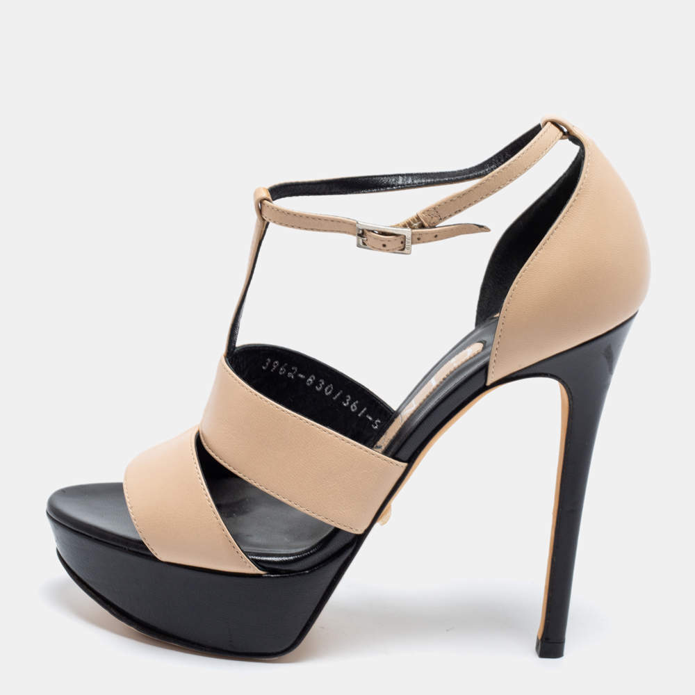 Gina Beige/Black Leather T-Strap Platform Sandals Size 38