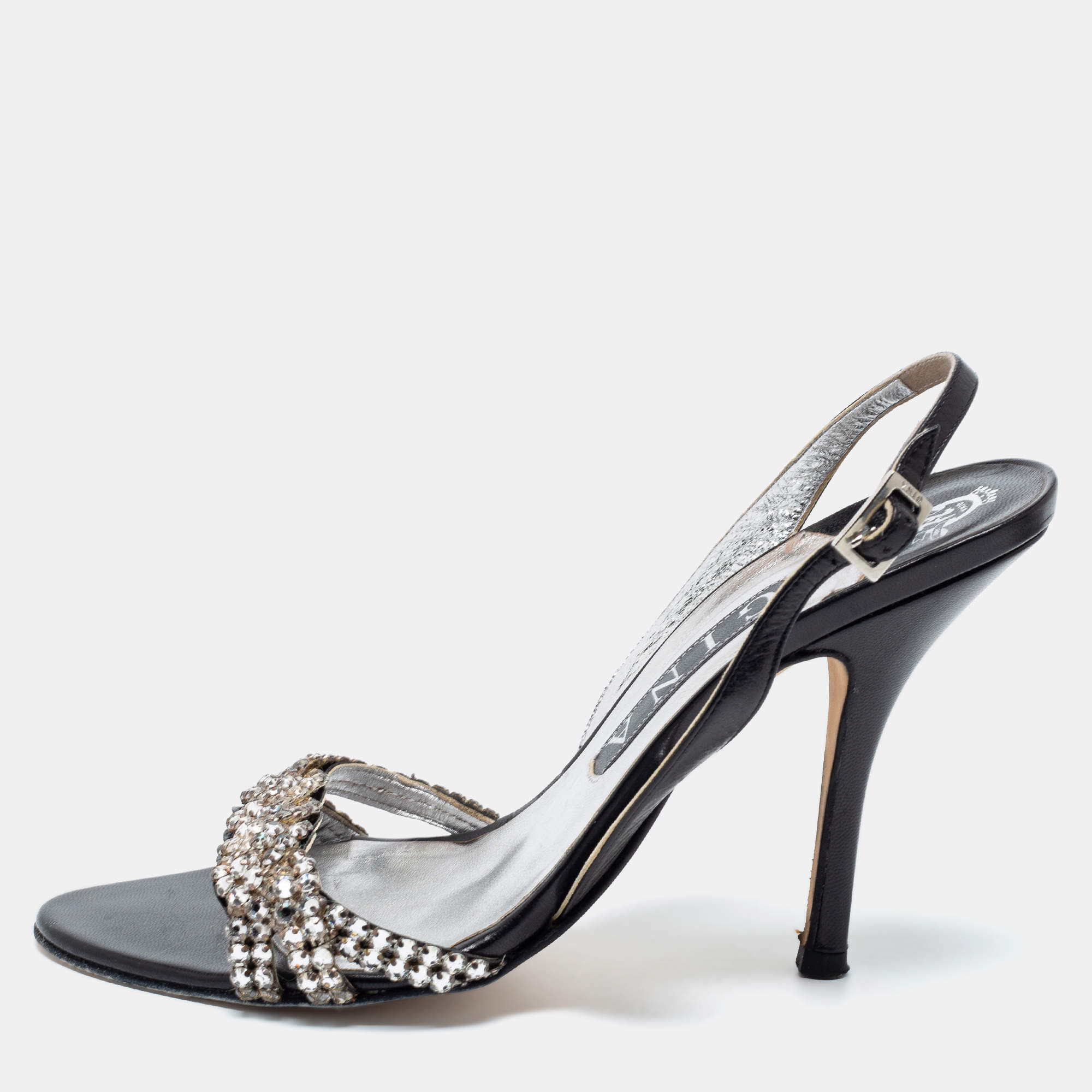 Pre Owned Gina Black Leather Embellished Slingback Sandals Size 38.5