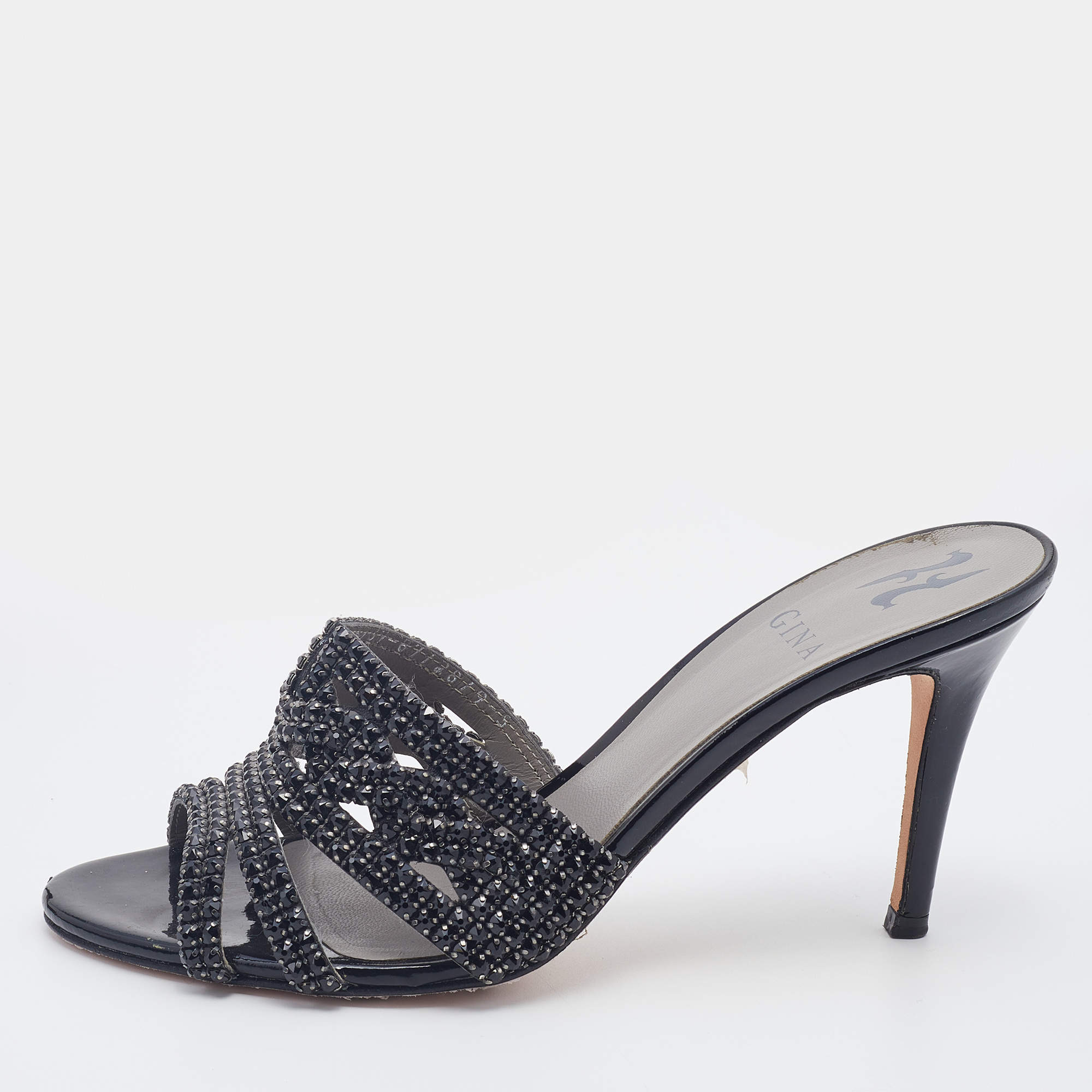 Pre Owned Gina Black Patent Leather Crystal Embellished Slides Sandals Size 38
