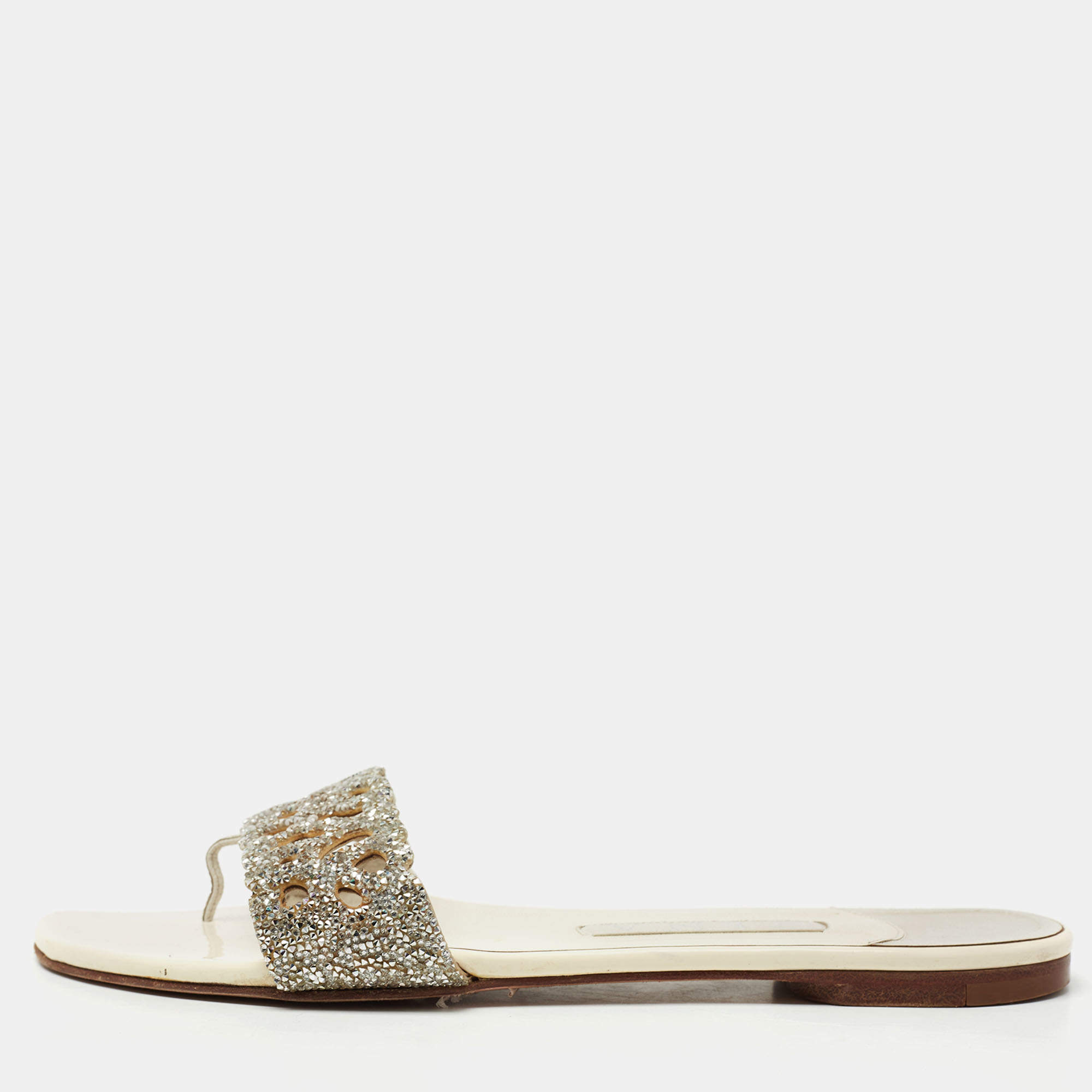 Pre Owned Gina Cream/Silver Leather Crystal Embellished Flat Sandals Size 39