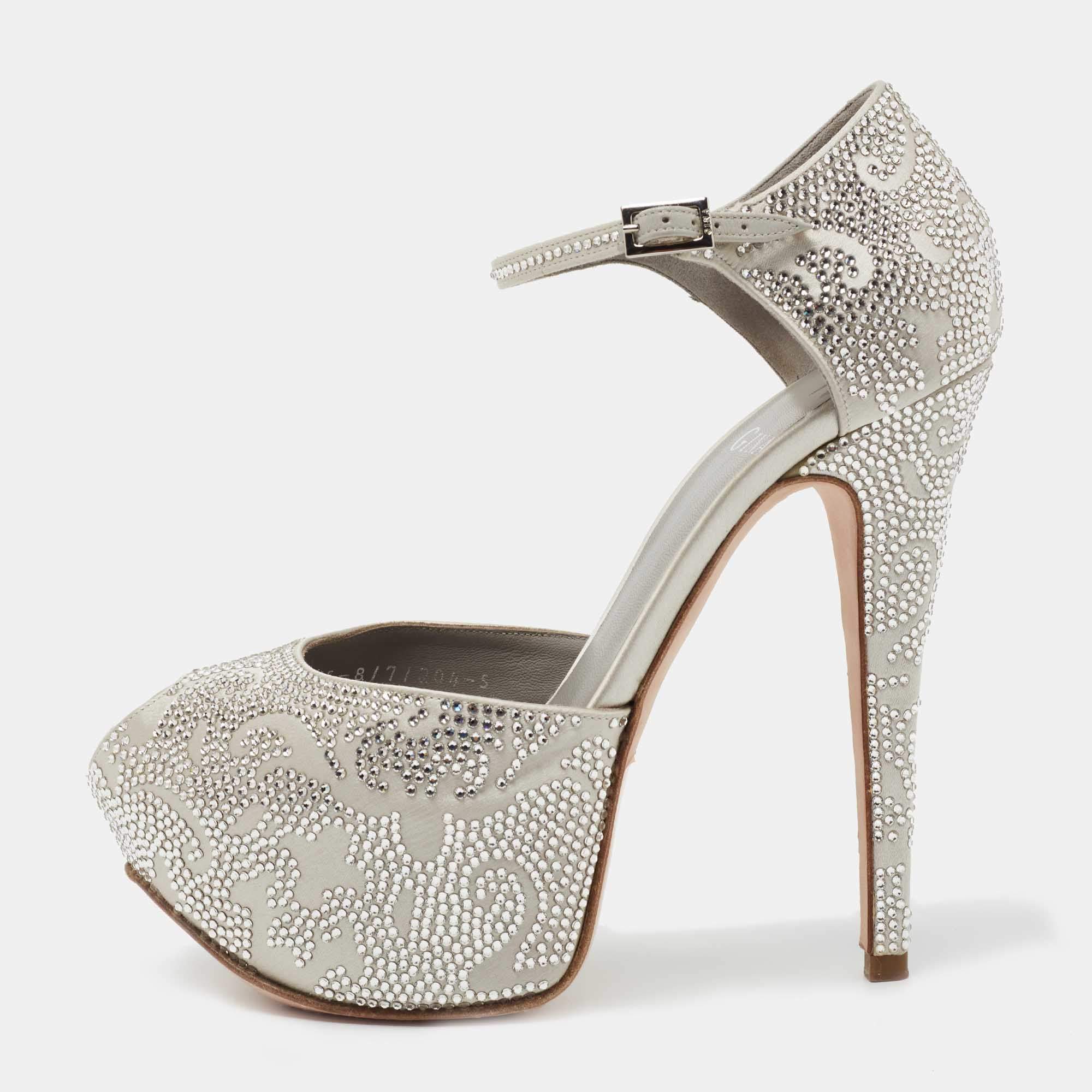 Pre Owned Gina Grey Satin Crystal Embellished Peep Toe Pumps Size 38