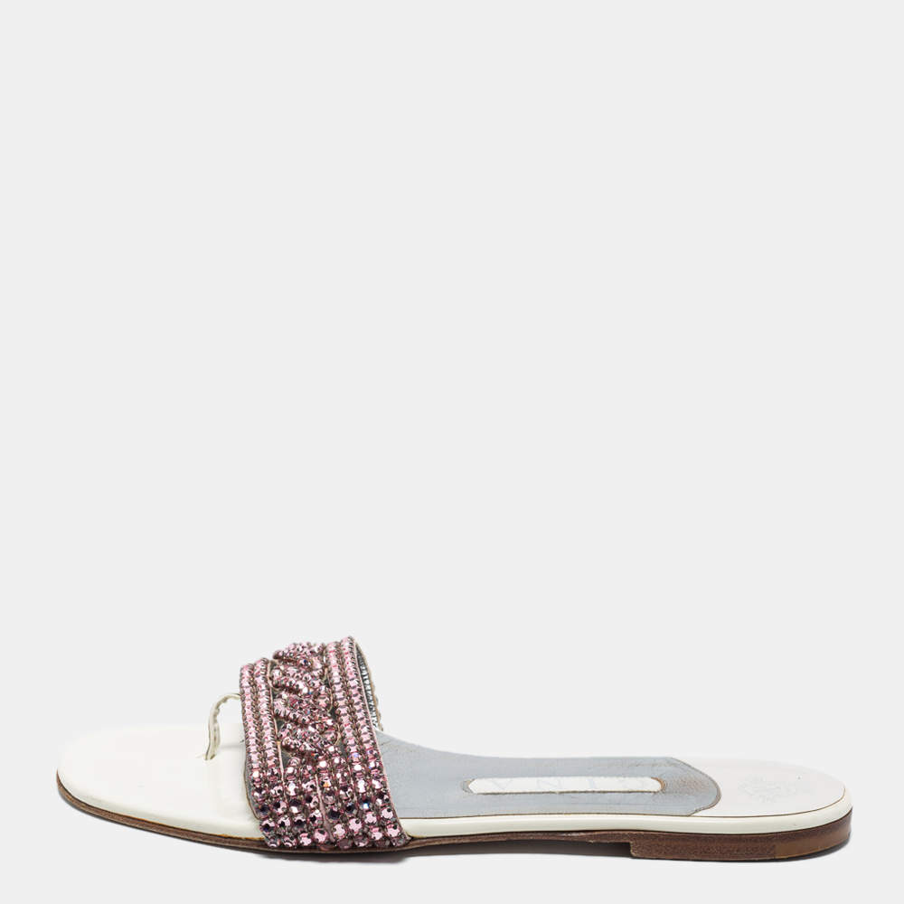 Pre Owned Gina White Leather Embellished Thong Flats Size 38