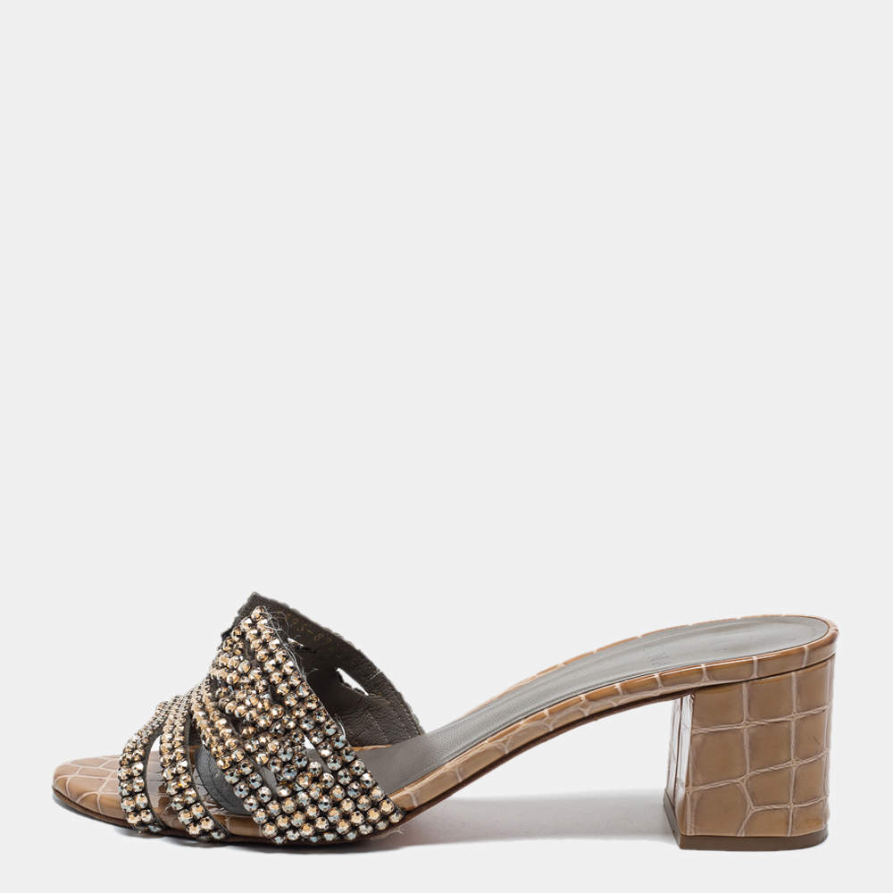 Pre Owned Gina Olive Green Croc Embossed Leather Crystal Embellished Loren Slide Sandals Size 41