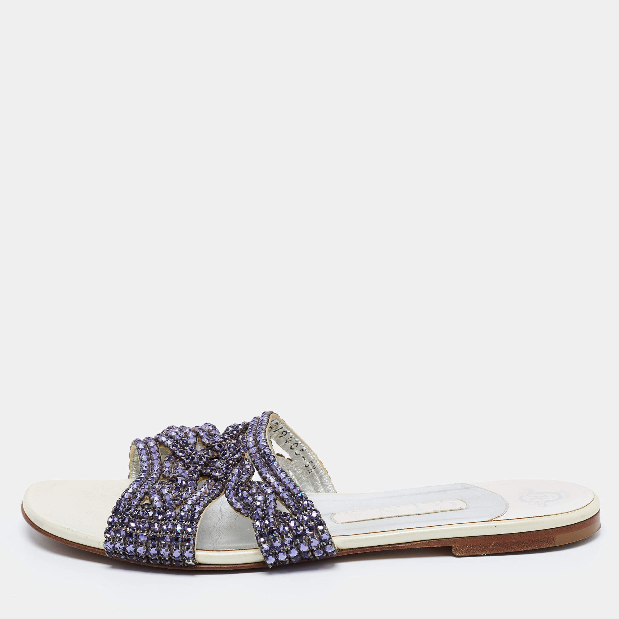 مملوكة مسبقًا Gina Purple Leather Crystal Embellished Flat Slides Size 38.5
