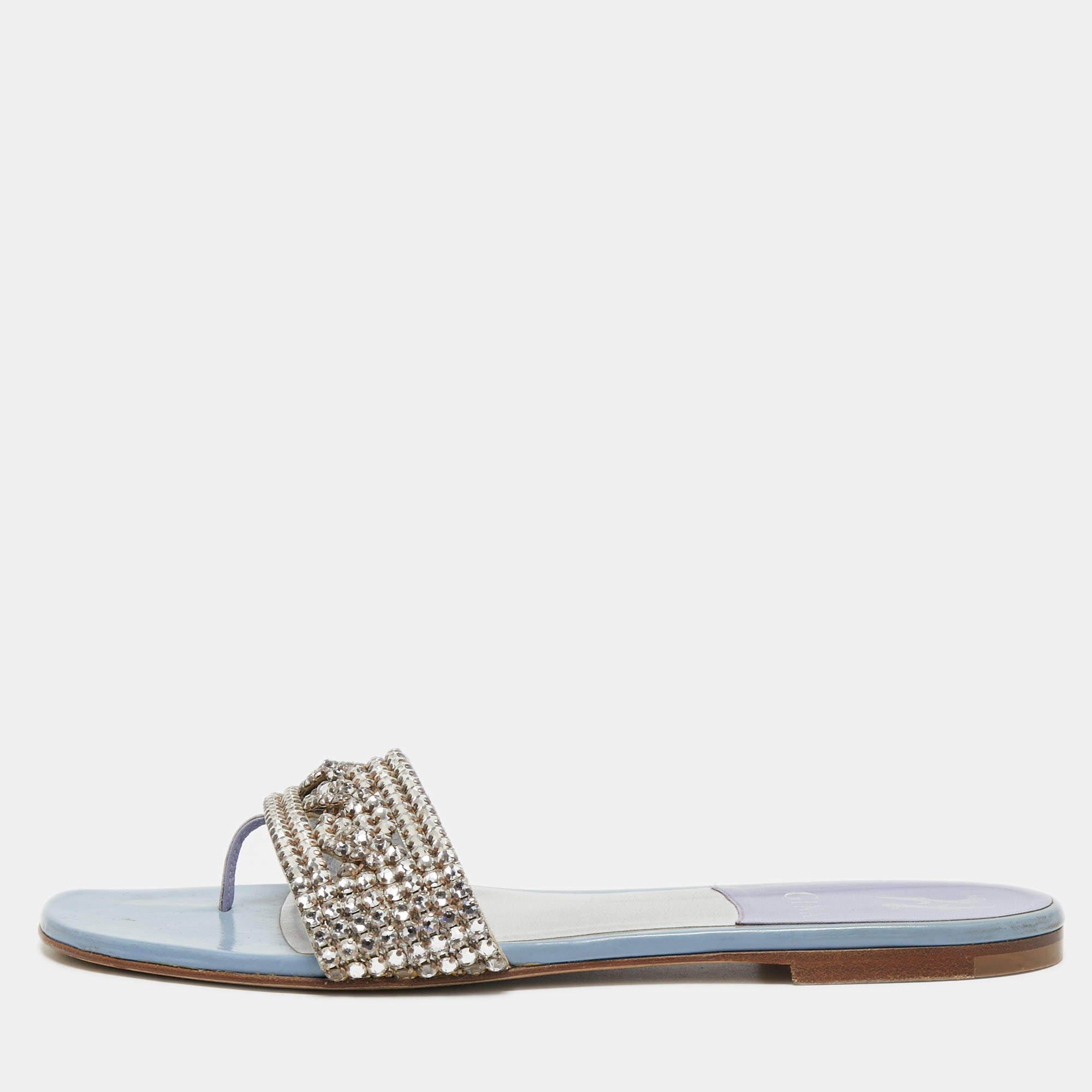 Gina Light Blue Patent Crystal Embellished Thong Slides  Size 38.5