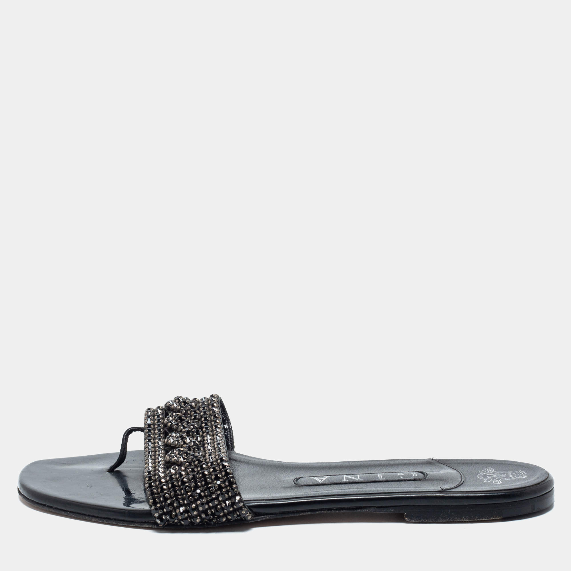 مملوكة مسبقًا Gina Black Patent Crystal Embellished Sandals Size 38.5