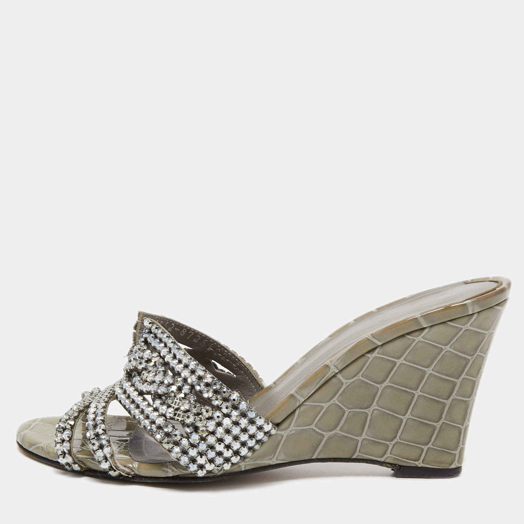Pre Owned Gina Grey Crystal Embellished Leather Syracuse Wedge Sandals Size 38