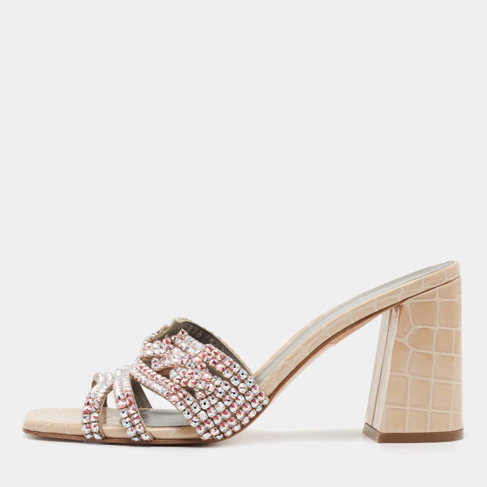 Pre Owned Gina Beige Crystal Embellished Leather Loren Slide Sandals Size 38.5