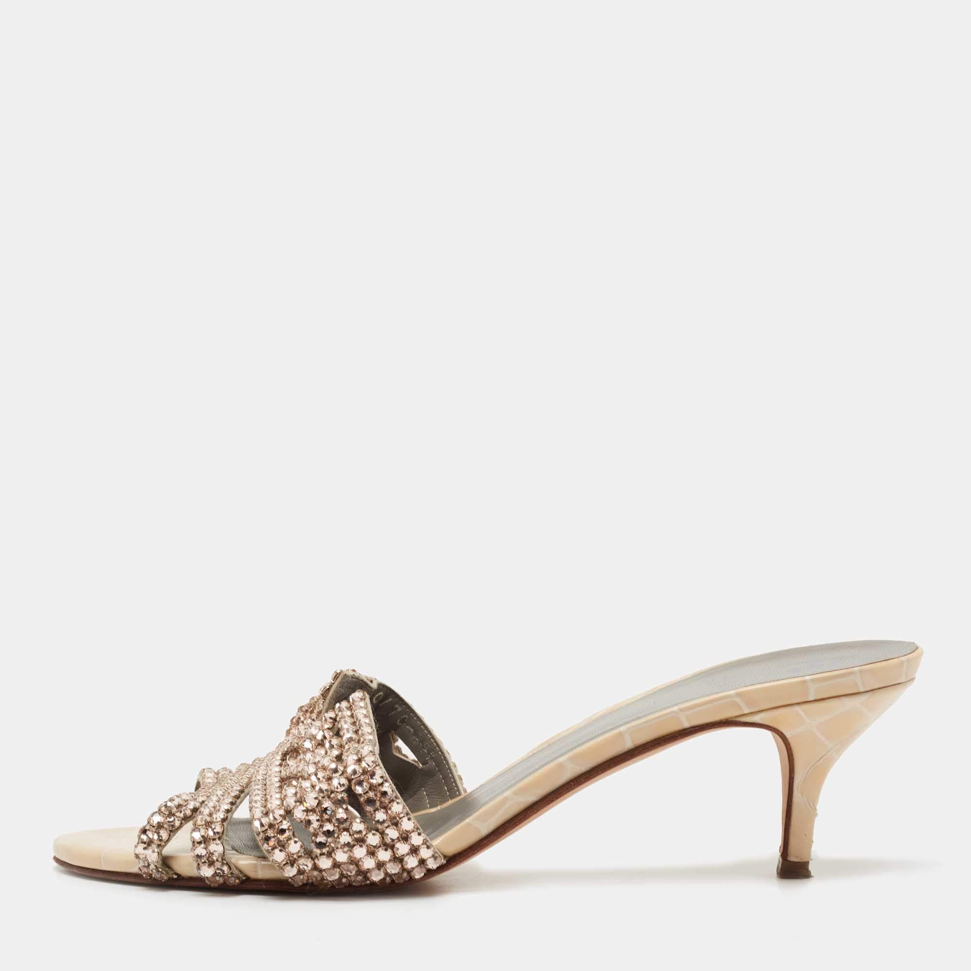 Pre Owned Gina Golden Croc Embossed Leather Crystal Embellished Slides Size 39.5  