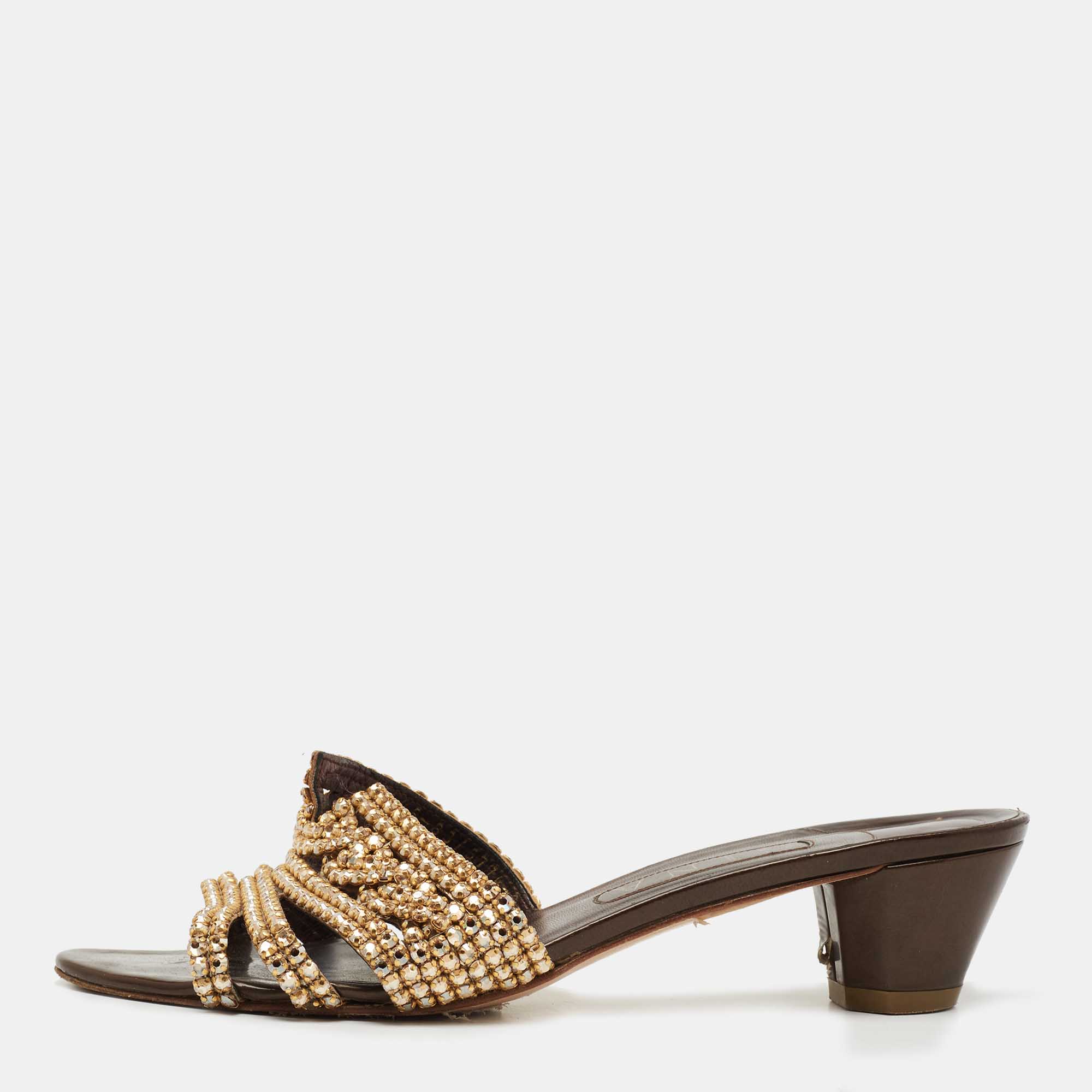 Pre Owned Gina Gold Leather Crystral Embellished  Slides Size 40