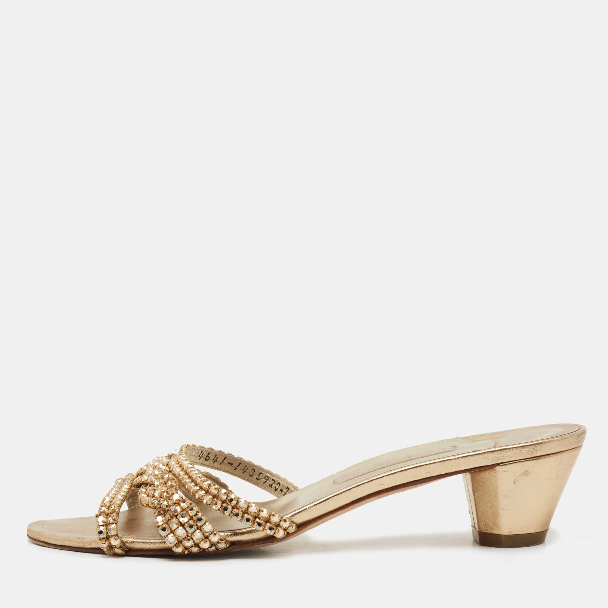 Pre Owned Gina Silver/Gold Leather Crystal Embellished Slide Size 40