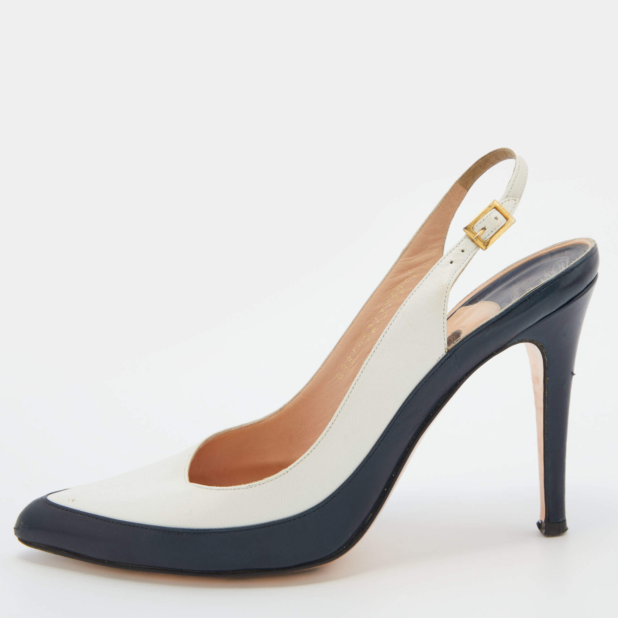 مملوكة مسبقًا Gina White/Black Leather Pointed Toe Slingback Pumps Size 38