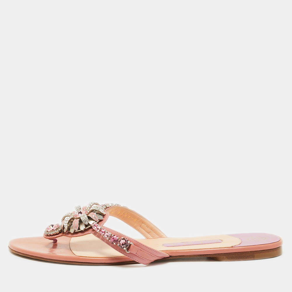 Pre Owned Gina Blush Pink Patent Crystal Embellished Flat Slides Size 41