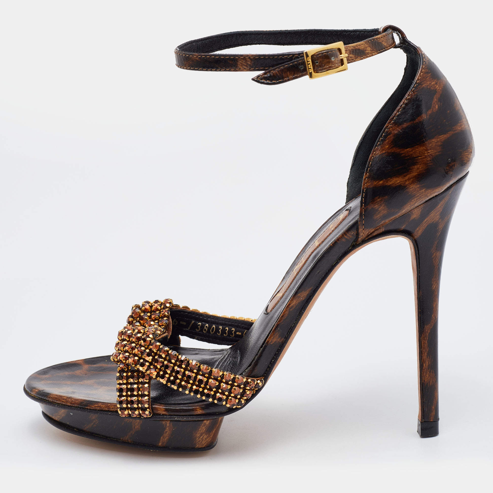 Pre Owned Gina Brown Leopard Print Patent Leather Crystal Embellished Ankle Strap Platform Sandals Size 37.5